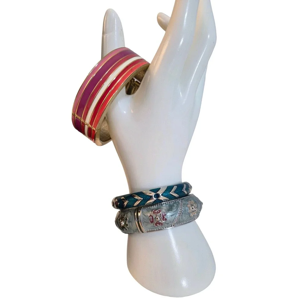8pc Vintage Enamel Bangle Bracelet Set Gold Silver‎ Tone Floral Greek Key Stack